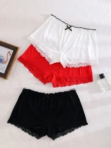 PetitDoll 3pcs/Set Women Casual Lace Panel Ribbed Trim Boyleg Briefs - Multicolor - View 8