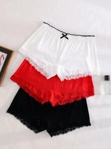 PetitDoll 3pcs/Set Women Casual Lace Panel Ribbed Trim Boyleg Briefs - Multicolor - View 5