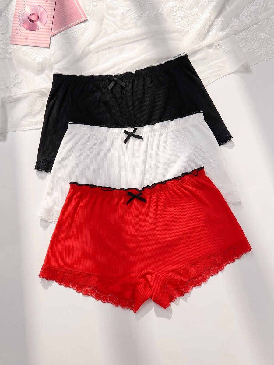 PetitDoll 3pcs/Set Women Casual Lace Panel Ribbed Trim Boyleg Briefs - Multicolor - View 1