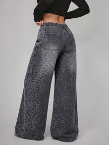 StreetHx Plus Size Women's Leopard Print Wide Leg Loose Casual Versatile Jeans - Grey - View 2