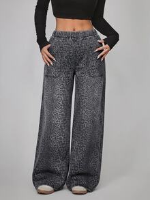 StreetHx Plus Size Women's Leopard Print Wide Leg Loose Casual Versatile Jeans - Grey - View 3