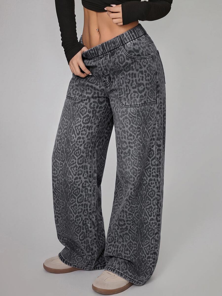 StreetHx Plus Size Women's Leopard Print Wide Leg Loose Casual Versatile Jeans - Grey - View 1