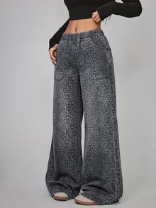 StreetHx Plus Size Women's Leopard Print Wide Leg Loose Casual Versatile Jeans - Grey - View 5