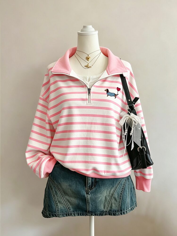 كنزة بولو نصف سحاب مخططة باللون الوردي والأبيض مع طباعة جرو داكشند، كنزة طويلة الأكمام حلوة الفتاة، كنزة مخططة كلاسيكية أنيقة للفتاة المراهقة، مناسبة للخريف/الشتاء، نمط جرو داكشند فريد، أسلوب يومي بسيط وكاجوال، ضروري للعودة إلى المدرسة، مريحة وسهلة، مناسبة للخروجات العائلية - متعدد الألوان - مشاهدة 2