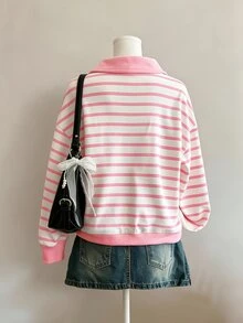 青少年女孩經典粉色與白色條紋半拉鍊 Polo 運動衫，附臘腸狗幼犬印花，甜美女孩長袖運動衫，精緻青少年女孩經典條紋運動衫，適合秋冬，獨特臘腸狗幼犬圖案，簡約休閒日常風格，返校必備，舒適自在，家庭出遊 - 彩色 - 查看 3