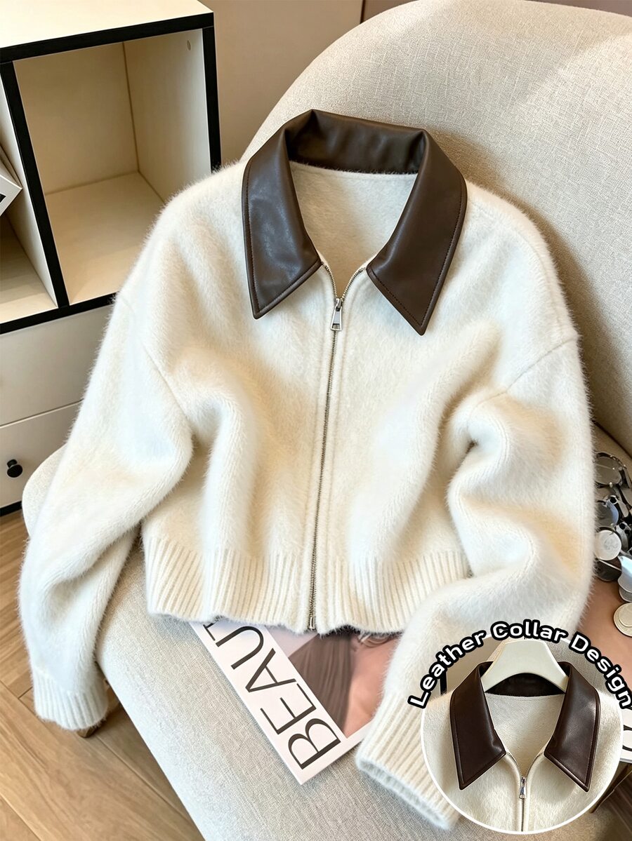GlowEve Vintage Minimalist Casual Elegant Women's Spring/Autumn/Winter Leather Brown And White Polka Dot Lapel Soft Fluffy Faux Zip-Up Cardigan Sweater - White - View 1