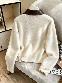 GlowEve Vintage Minimalist Casual Elegant Women's Spring/Autumn/Winter Leather Brown And White Polka Dot Lapel Soft Fluffy Faux Zip-Up Cardigan Sweater - White - View 2