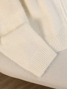 GlowEve Vintage Minimalist Casual Elegant Women's Spring/Autumn/Winter Leather Brown And White Polka Dot Lapel Soft Fluffy Faux Zip-Up Cardigan Sweater - White - View 7
