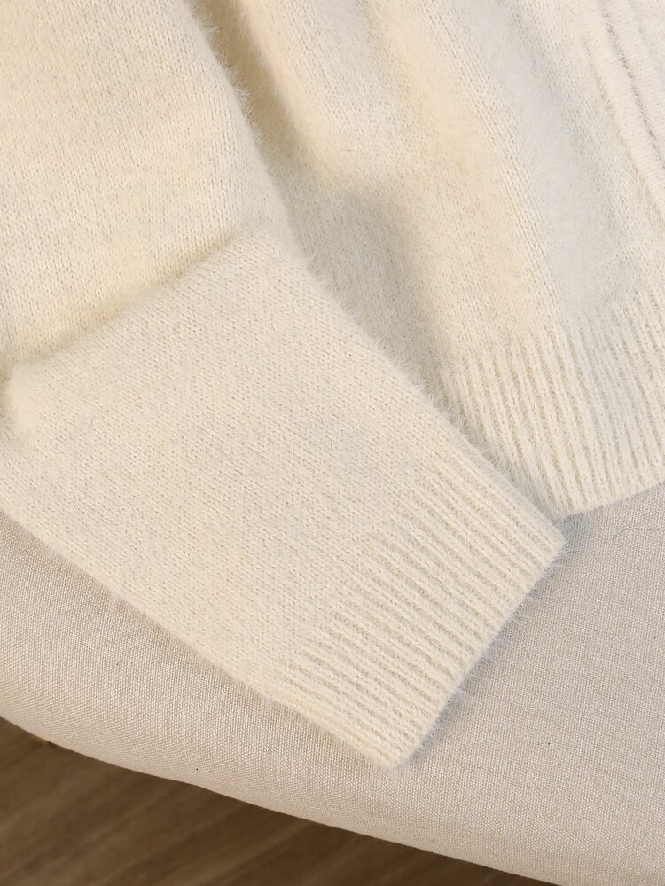 GlowEve 復古極簡休閒優雅女款春秋冬季皮革棕色與白色波點翻領柔軟毛茸茸仿皮拉鍊開襟針織衫 - 白色 - 查看 7