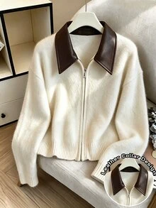 GlowEve Vintage Minimalist Casual Elegant Women's Spring/Autumn/Winter Leather Brown And White Polka Dot Lapel Soft Fluffy Faux Zip-Up Cardigan Sweater - White - View 3
