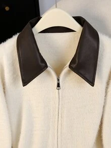 GlowEve Vintage Minimalist Casual Elegant Women's Spring/Autumn/Winter Leather Brown And White Polka Dot Lapel Soft Fluffy Faux Zip-Up Cardigan Sweater - White - View 4