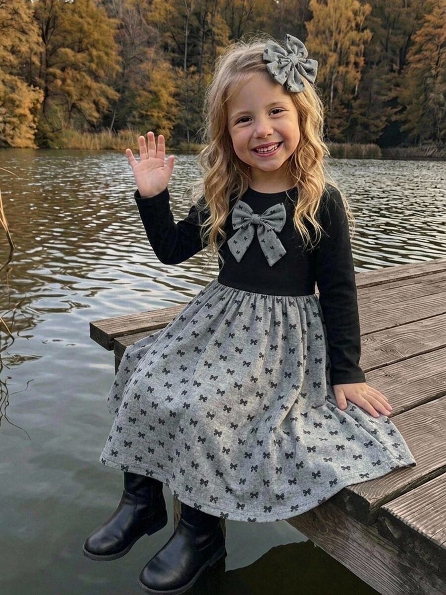 SHEIN Tween Girls Tween Girl Casual Minimalist Comfortable Round Neck Pullover Long Sleeve Patchwork Mid-Length Dress - Black - View 1