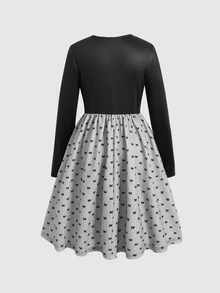 SHEIN 少女休閒極簡舒適圓領套頭長袖拼接中長洋裝 - 黑色 - 查看 4