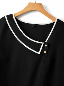 SHEIN 大尺碼女款對比飾邊休閒正式風傳統百搭日常辦公早午餐正式出遊襯衫 黑白配色 夏季 - 黑與白 - 查看 4