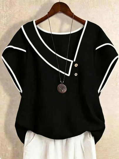 SHEIN Plus Size Women's Contrast Trim Casual Traditional Versatile Everyday Office Brunch Formal Outing Shirt Black Summer