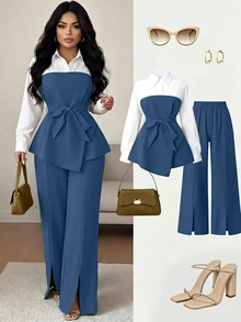 GlowEve CURVE Plus Size Women's 2 In 1 Spliced Waist Knot Long Sleeve Top And Pants Casual Everyday Set Fall - Blue - View 4