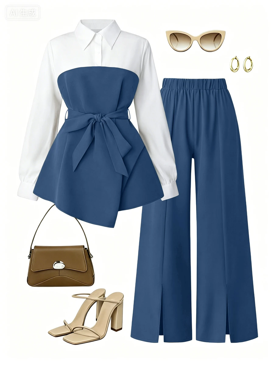 GlowEve CURVE Plus Size Women's 2 In 1 Spliced Waist Knot Long Sleeve Top And Pants Casual Everyday Set Fall - Blue - View 1