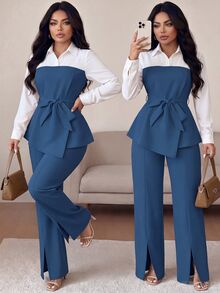 GlowEve CURVE Plus Size Women's 2 In 1 Spliced Waist Knot Long Sleeve Top And Pants Casual Everyday Set Fall - Blue - View 7