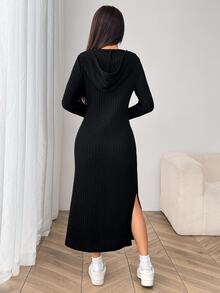 SHEIN CURVE+ Đầm midi ôm dáng có mũ gân màu đen size lớn cho nữ mùa thu - màu đen - Xem 2