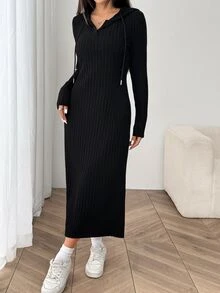 SHEIN CURVE+ Đầm midi ôm dáng có mũ gân màu đen size lớn cho nữ mùa thu - màu đen - Xem 6