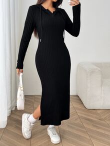 SHEIN CURVE+ Đầm midi ôm dáng có mũ gân màu đen size lớn cho nữ mùa thu - màu đen - Xem 5