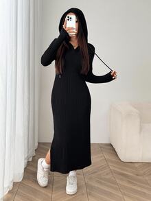 SHEIN CURVE+ Đầm midi ôm dáng có mũ gân màu đen size lớn cho nữ mùa thu - màu đen - Xem 4