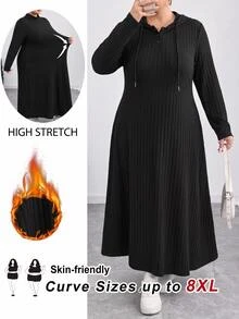 SHEIN CURVE+ Đầm midi ôm dáng có mũ gân màu đen size lớn cho nữ mùa thu - màu đen - Xem 1