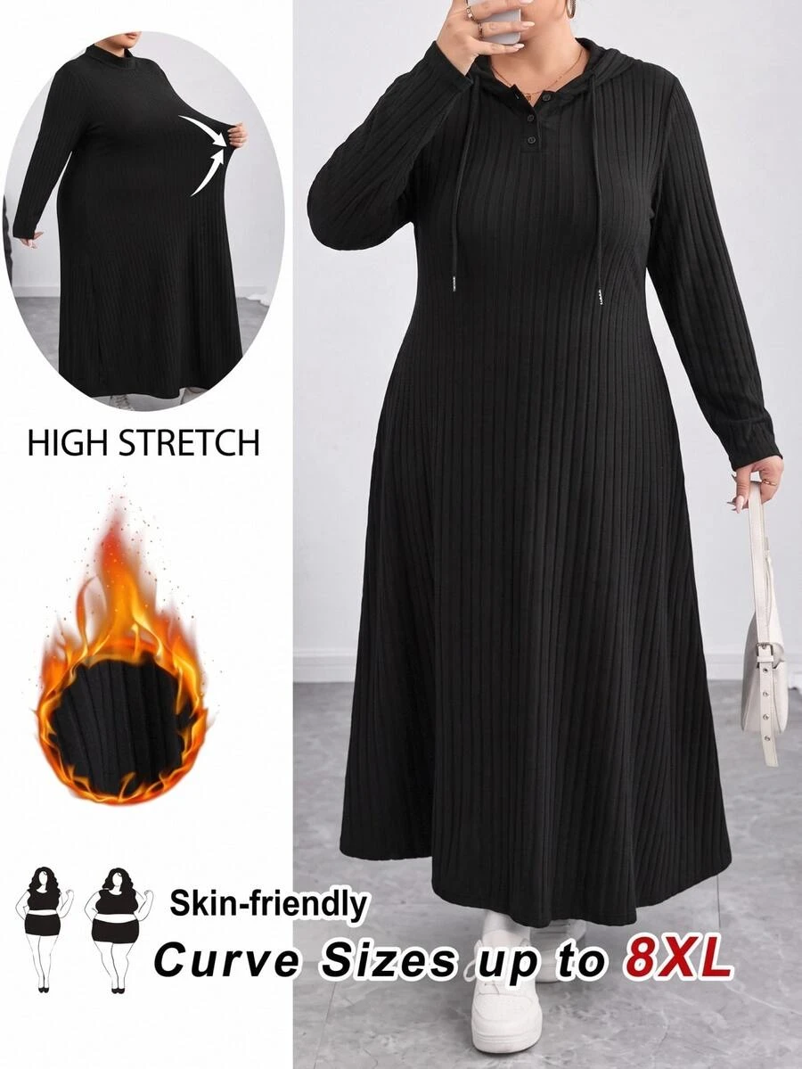 SHEIN CURVE+ Đầm midi ôm dáng có mũ gân màu đen size lớn cho nữ mùa thu - màu đen - Xem 1