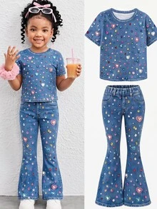 SHEIN Young Girl Casual Minimalist Cartoon Pattern Round Neck Short Sleeve Top & Flared Pants 2 Pieces Set, Suitable For Summer - Multicolor - View 6