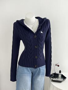 Elamini Cardigan Wanita Seksi Slim Fit dengan Bordir Motif Lucu, Jaket Kasual Serbaguna dengan Kancing Depan untuk Perjalanan Sehari-hari - Navy Blue - View 4