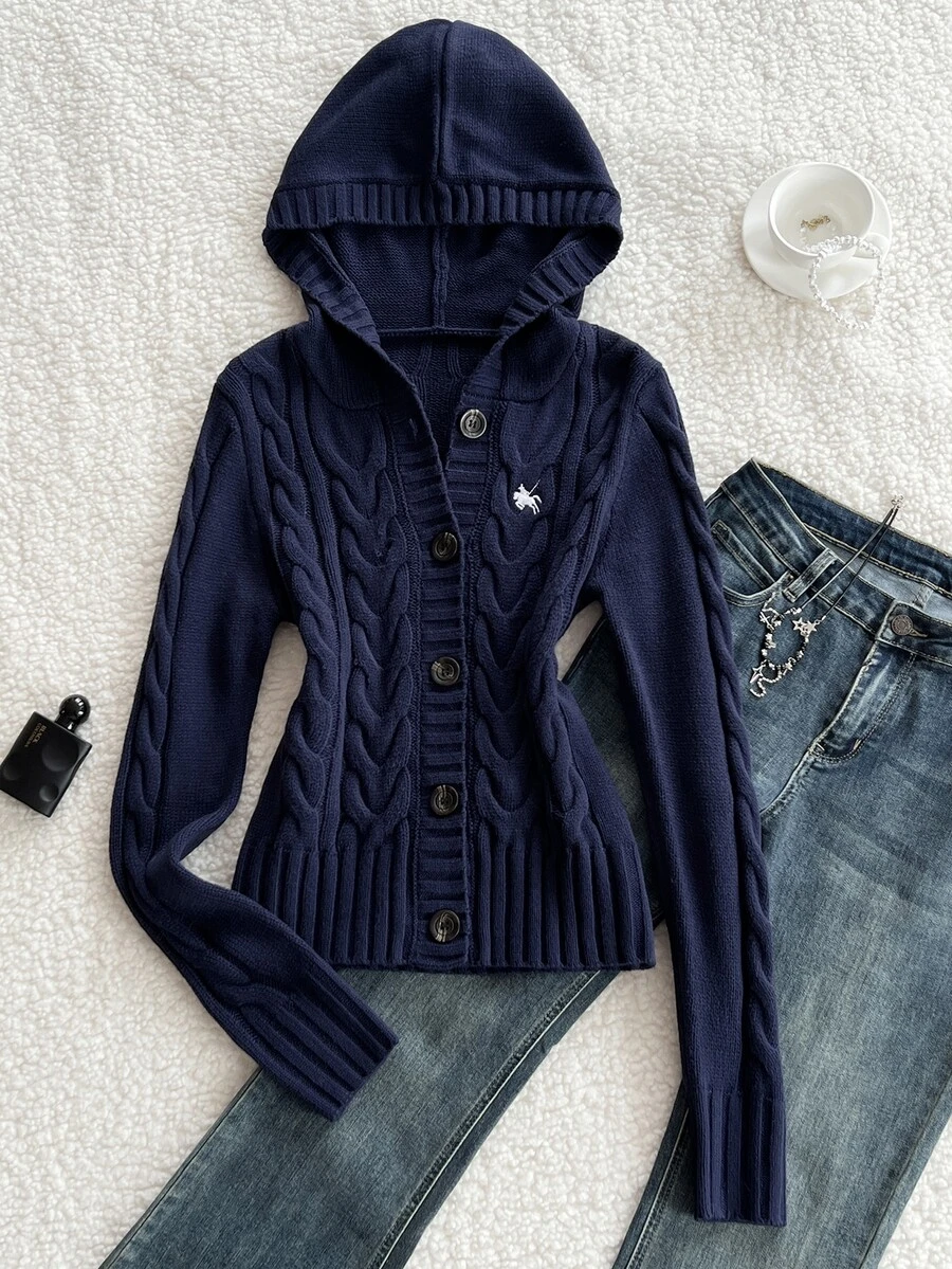 Elamini Cardigan Wanita Seksi Slim Fit dengan Bordir Motif Lucu, Jaket Kasual Serbaguna dengan Kancing Depan untuk Perjalanan Sehari-hari - Navy Blue - View 1
