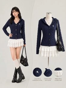 Elamini Cardigan Wanita Seksi Slim Fit dengan Bordir Motif Lucu, Jaket Kasual Serbaguna dengan Kancing Depan untuk Perjalanan Sehari-hari - Navy Blue - View 3
