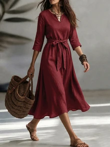 LUMIGAL Minimalist Elegant Mature Style Solid Color A-Line Dress - Burgundy - View 4