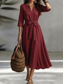 LUMIGAL Minimalist Elegant Mature Style Solid Color A-Line Dress - Burgundy - View 3