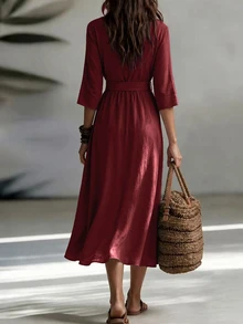 LUMIGAL Minimalist Elegant Mature Style Solid Color A-Line Dress - Burgundy - View 2