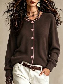 Franclia European And American New Style Blogger Same Style Fashionable Design Colorblock Round Neck Loose Knit Sweater Cardigan - Chocolate Brown - View 3