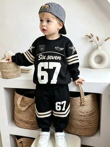SHEIN 2pcs Young Boys Sweatshirt Set Vintage Black White Letter Star Long Sleeve Crew Neck Loose Back To School Fall Retro Versatile - Multicolor - View 8