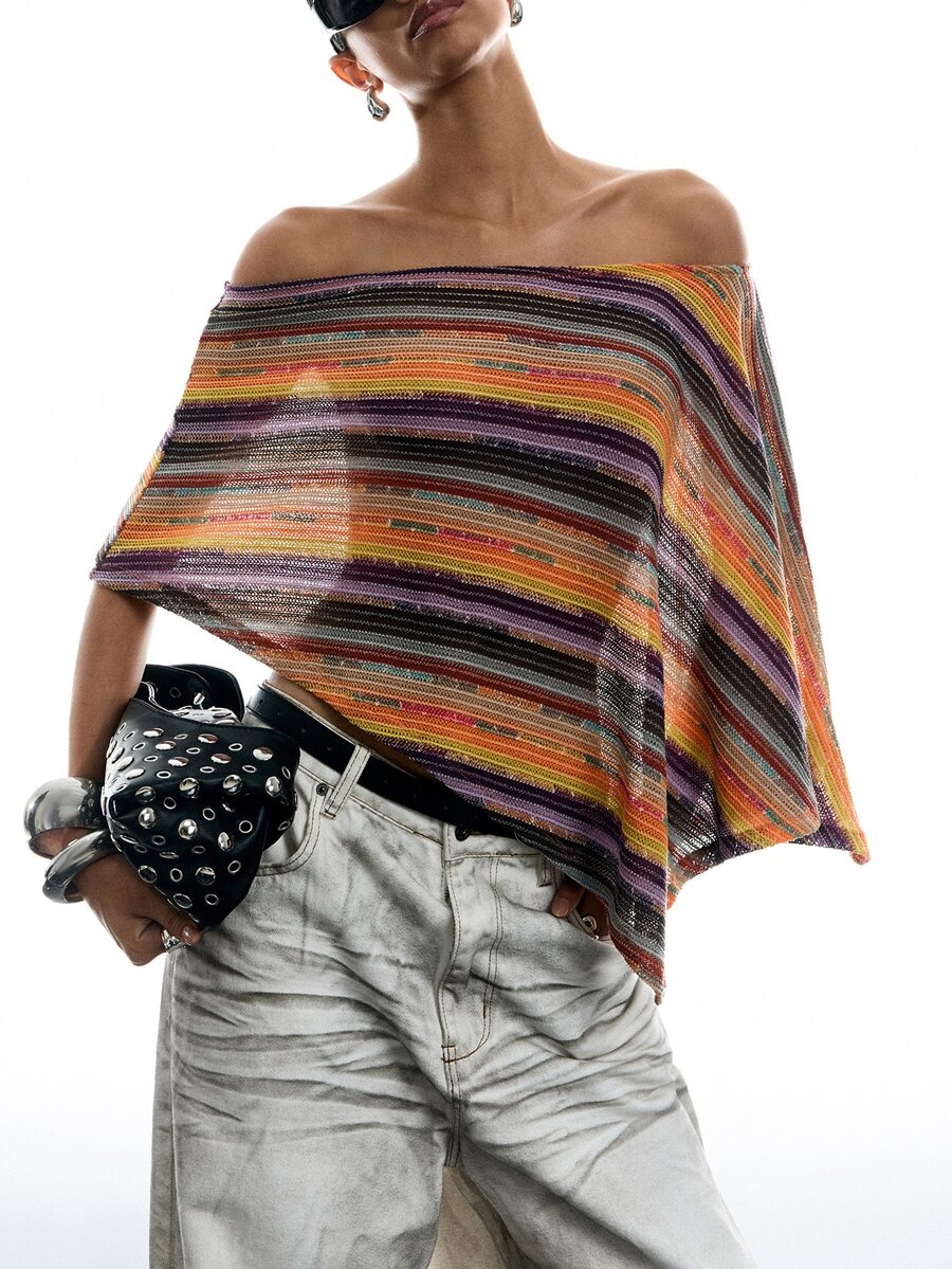 LYSMO Women's Cold Shoulder Loose Striped Vintage Hollow-Out Blouse, Fashionable For Summer Autumn Clothes Night Out Outfit - Multicolor - View 1
