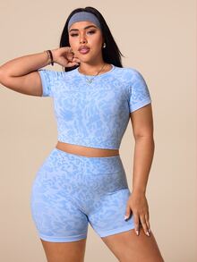 SHEIN Rhythm Era Seamless High Elasticity Sports Fitness Yoga Outfit Light Blue Short Sleeve & Shorts Set - Baby Blue - View 3