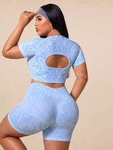 SHEIN Rhythm Era Seamless High Elasticity Sports Fitness Yoga Outfit Light Blue Short Sleeve & Shorts Set - Baby Blue - View 5