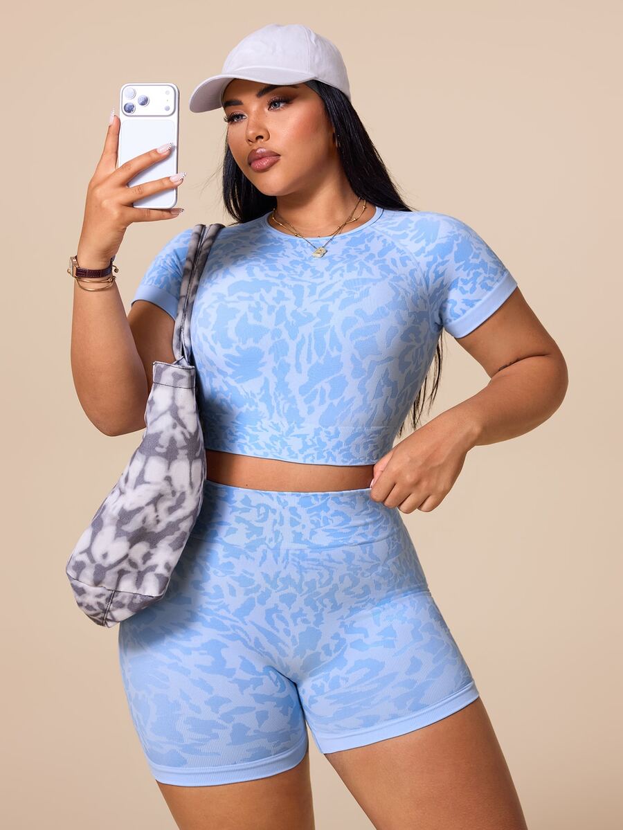 SHEIN Rhythm Era Seamless High Elasticity Sports Fitness Yoga Outfit Light Blue Short Sleeve & Shorts Set - Baby Blue - View 1