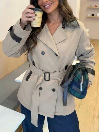 Firerie Vintage Khaki Patchwork Leather Collar Trench Coat Jacket Women Autumn New High-End British Style Fashion Elegant Trench Coat