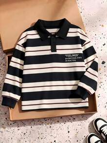 SHEIN Explorewe 男童條紋 Polo 衫，長袖翻領上衣，前開鈕扣休閒套頭衫，秋冬服飾 - 黑色 - 查看 2