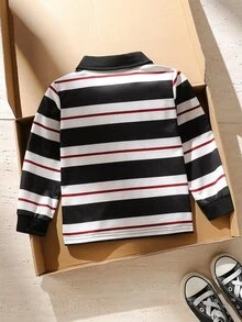 SHEIN Explorewe 男童條紋 Polo 衫，長袖翻領上衣，前開鈕扣休閒套頭衫，秋冬服飾 - 黑色 - 查看 3