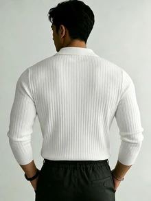 JOLTRO 男士休閒純色羅紋長袖 Polo 衫，春季，正式 - 白色 - 查看 2