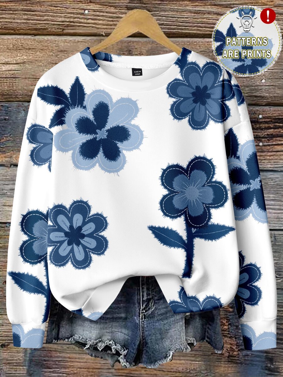 EMERY ROSE Plus Size Women Casual Floral Print Sweatshirt, Autumn Winter - Multicolor - View 1