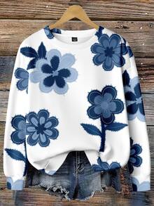 EMERY ROSE Plus Size Women Casual Floral Print Sweatshirt, Autumn Winter - Multicolor - View 6
