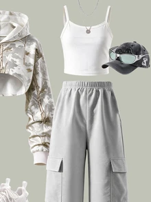 Setelan Musim Gugur 3 Potong untuk Anak Perempuan Remaja: Hoodie Kamuflase, Tank Top Putih & Celana Kargo Abu-abu. Pakaian Musim Gugur/Musim Dingin. - Light Grey - View 5