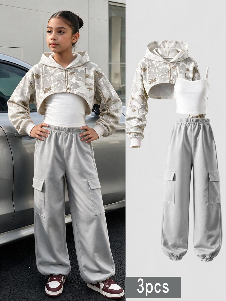 Setelan Musim Gugur 3 Potong untuk Anak Perempuan Remaja: Hoodie Kamuflase, Tank Top Putih & Celana Kargo Abu-abu. Pakaian Musim Gugur/Musim Dingin. - Light Grey - View 1