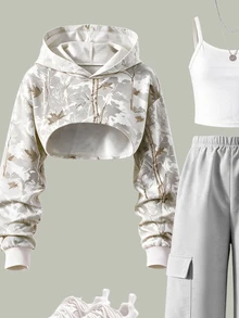 Setelan Musim Gugur 3 Potong untuk Anak Perempuan Remaja: Hoodie Kamuflase, Tank Top Putih & Celana Kargo Abu-abu. Pakaian Musim Gugur/Musim Dingin. - Light Grey - View 4